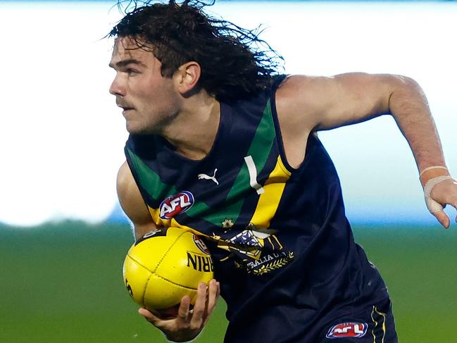 ADELAIDE, AUSTRALIA - APRIL 15: Nick Watson of the AFL Academy in action during the match between the AFL Academy and Port Adelaide Magpies at Summit Sports Park on April 15, 2023 in Adelaide, Australia. (Photo by Michael Willson/AFL Photos via Getty Images)