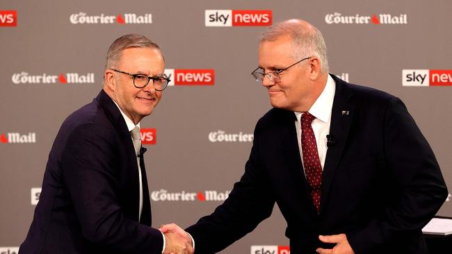 Mr Albanese was declared the winner, according to the debate’s live audience. (Photo by Jason Edwards / various sources / AFP)