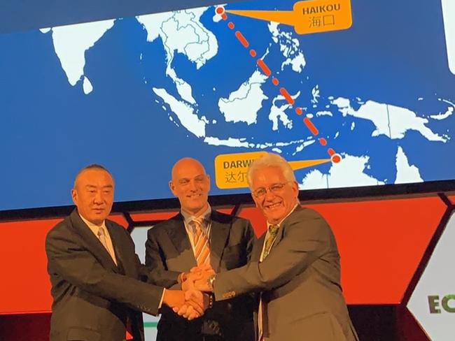 Darwin Council Lord Mayor Kon Vatskalis, right, with Haikou International Airport Group chairman Zhen Wang and Darwin Airport director of commercial and aviation development Shane de Wit in Haikou, China last year. Picture: Supplied