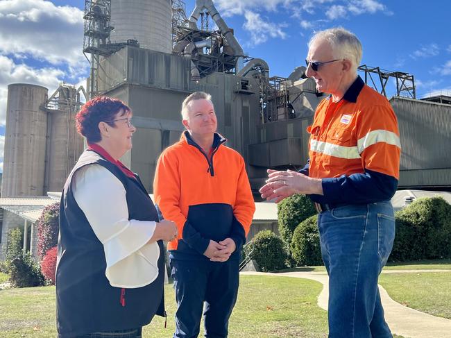 Labor Senator Anne Urquhart, Cement Australia CEO Rob Davis, and   Climate Change and Energy Minister Chris Bowen at Cement Australia's Railton plant. Picture: Simon McGuire.