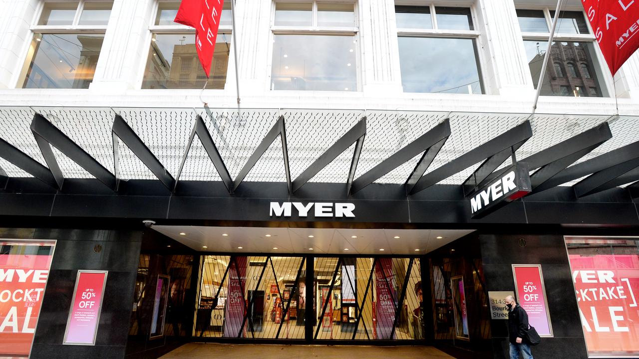 Myers’s CBD stores have seen trade plummet due to lockdowns, such as the Bourke St Melbourne store, above. Picture: NCA NewsWire / Andrew Henshaw