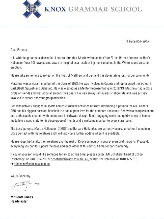 The sad letter sent out to the school community of Warrawee's Knox Grammar School by Headmaster Scott James. Source: Knox Grammar School