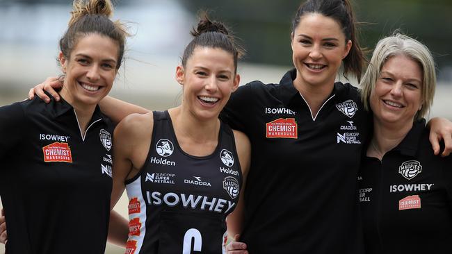 (from left) Ash Brazill, Maddison Robinson, Sharni Layton &amp; coach Kristy Keppich-Birrell. Picture: Wayne Ludbey