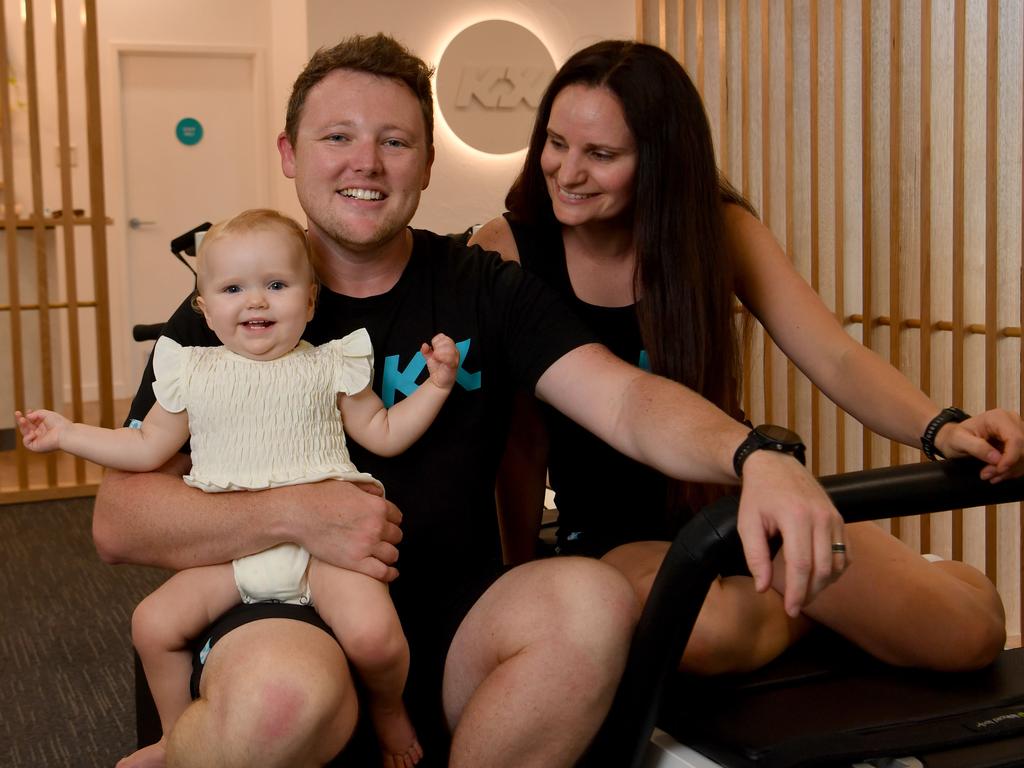 Brady and Lily Ellis with Sophie, 1, are opening a second KX Pilates studio in Kirwan. Picture: Evan Morgan