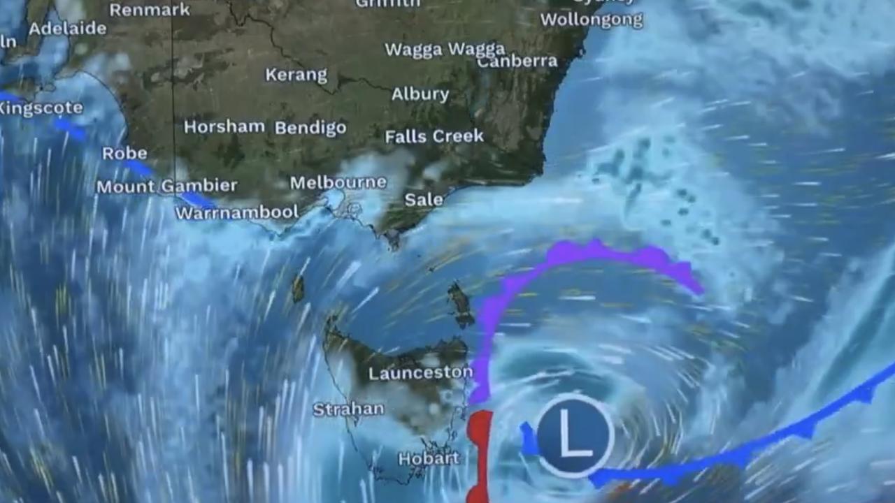 A low pressure system will bring damaging winds, snow, and rain to impact parts of Tasmania, Victoria, and New South Wales from Sunday. Picture: BOM