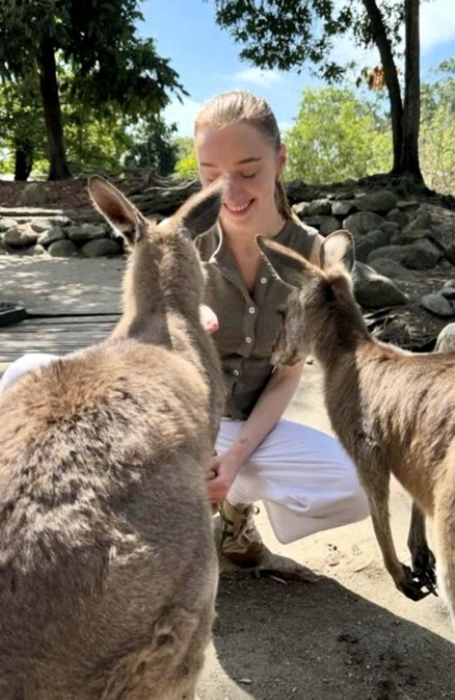 Bridgerton star Phoebe Dynevor with kangaroos in Queensland. Picture: Instagram