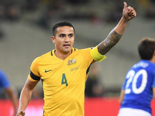 Socceroos great Tim Cahill in action against Brazil on Tuesday night.