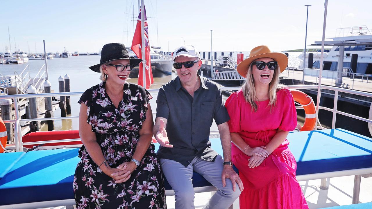 Mr Albanese pictured in Cairns on Friday before leaving to Fitzroy Island with partner Jodie Haydon (right) and Labor candidate Elida Faith (left). Picture: Sam Ruttyn