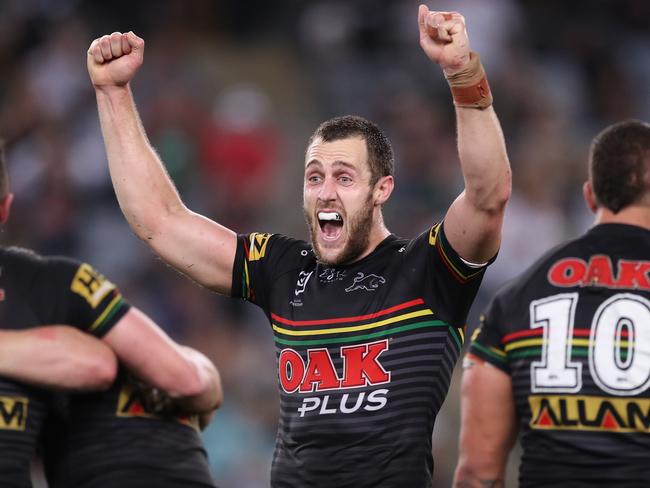 SYDNEY, AUSTRALIA - OCTOBER 17:  Isaah Yeo of the Panthers celebrates winning the NRL Preliminary Final match between the Penrith Panthers and the South Sydney Rabbitohs at ANZ Stadium on October 17, 2020 in Sydney, Australia. (Photo by Mark Kolbe/Getty Images)