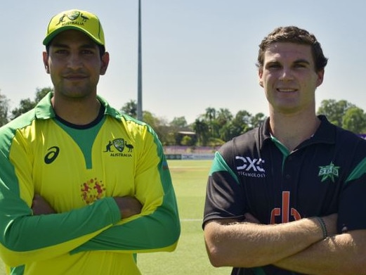 Cricket Australia XI captain Jason Sangha and Melbourne Stars Academy skipper Tom O'Connell before the Top End T20 grand final. Picture: NT Cricket.