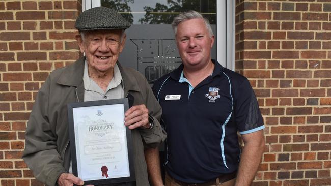 (L) Noel Rollings, the first principal of the amalgamated Maryborough State High School in 1974 with current principal Simon Done. Photo: Stuart Fast