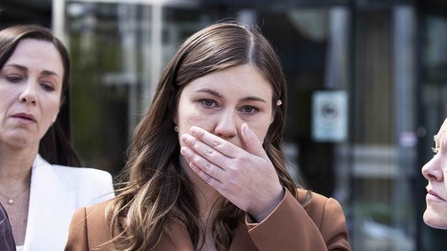 An upset Brittany Higgins outside court after the mistrial. Picture: NCA NewsWire / Gary Ramage