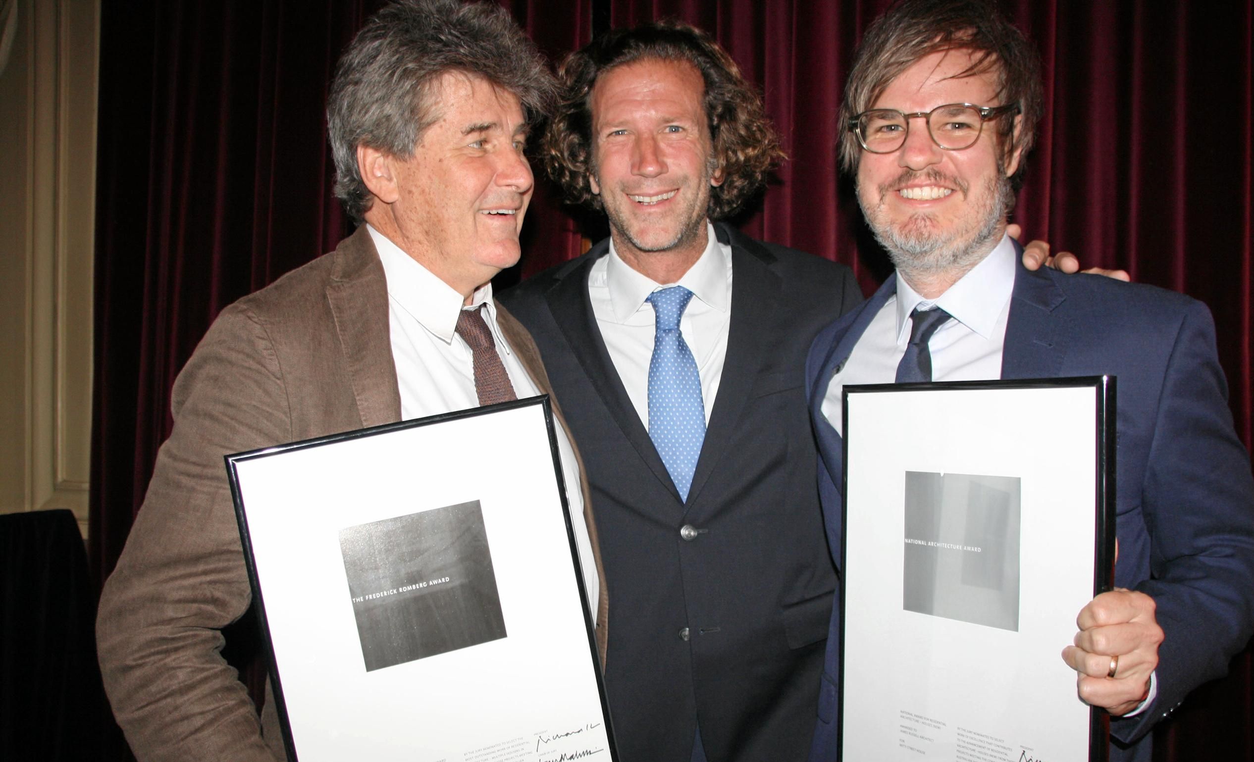 Adrian Welke of Troppo Architects, Darwin, with James Russell and John Ellway of James Russell Architects at the 2017 National Architecture Awards in Canberra. Picture: Erle Levey