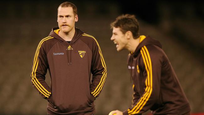 Jarryd Roughead with Issac Smith pre-game. Picture: Wayne Ludbey