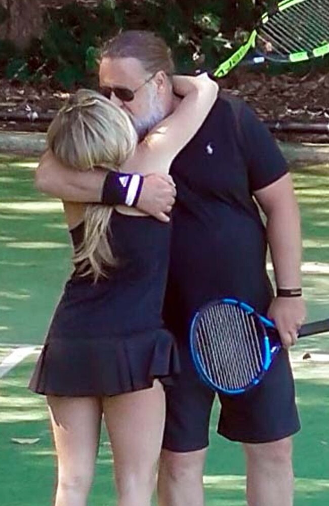 Russell Crowe, right, with his girlfriend, Britney Theriot. Picture: Matrix Media Group