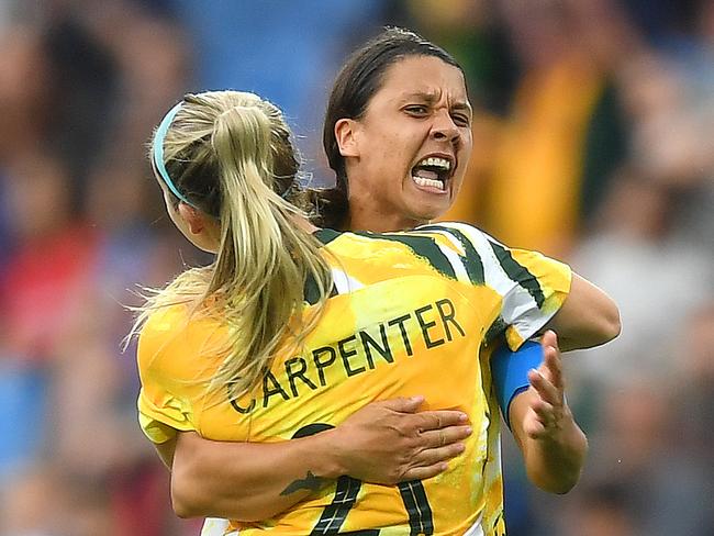 MONTPELLIER, FRANCE - JUNE 13:  Sam Kerr and Ellie Carpenter of Australia celebrate following their sides victory in the 2019 FIFA Women's World Cup France group C match between Australia and Brazil at Stade de la Mosson on June 13, 2019 in Montpellier, France. (Photo by Michael Regan/Getty Images)