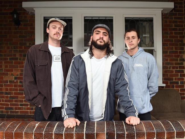 Tom Whitelaw, Jon Epifanidis and Jesper Robinson are mates living in Windsor, struggling to pay rent. Jon is a landlord himself and has had to up the rent for his property to afford his own. Picture: Josie Hayden