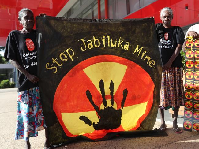 Mirarr Traditional Owners held a protest outside the Energy Resources of Australia Annual General Meeting of shareholders at the Oaks Darwin Elan Hotel, Wood St following the mine owner's decision apply for a mine lease extension for Jabiluka. Picture: Zizi Averill