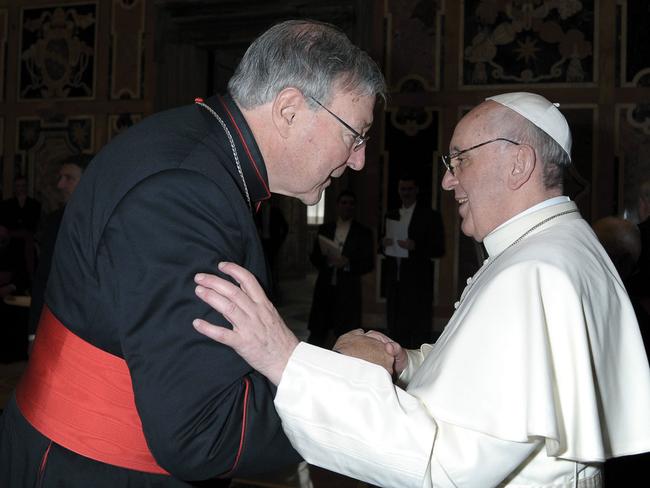 Cardinal George Pell meets with Pope Francis during the Pope's Audience with Cardinals on 15th March 2013.