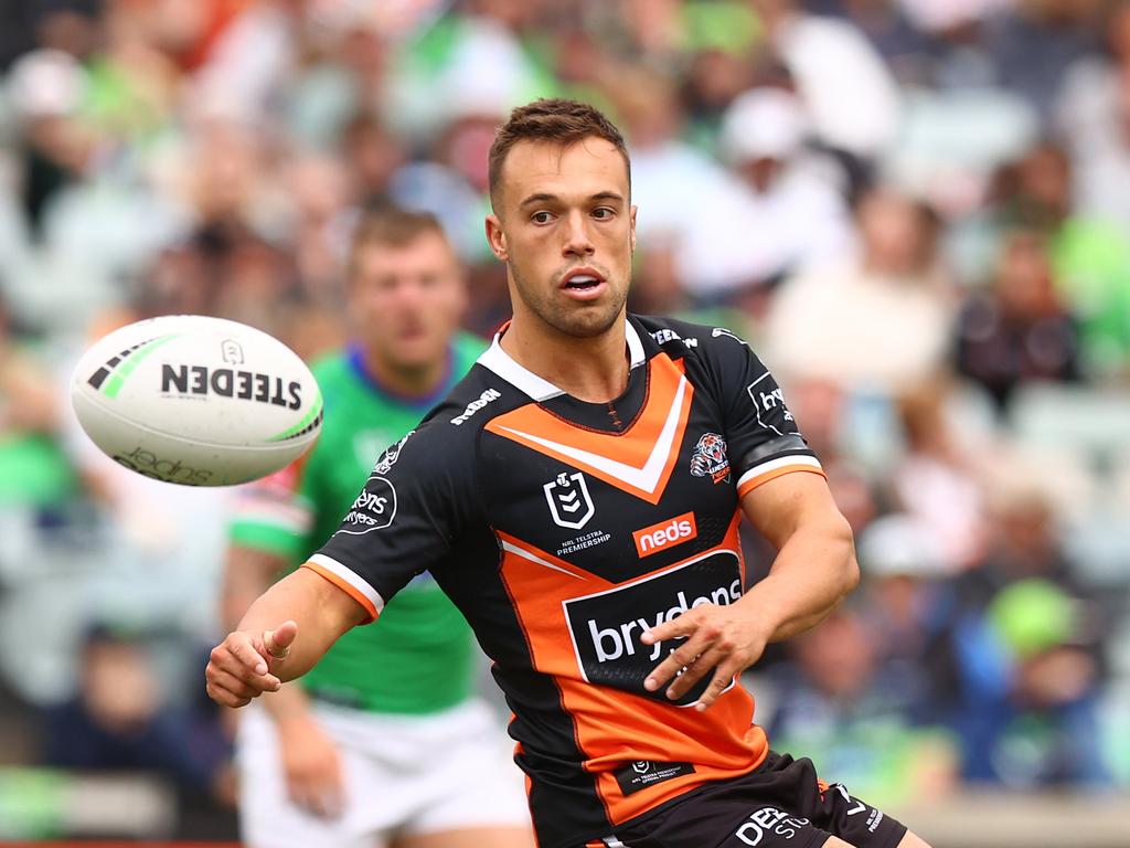 Wests Tigers halfback Luke Brooks has done well to reach the 150 NRL games milestone at the one club. Photo: Mark Nolan/Getty Images.