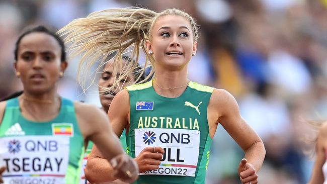 EUGENE, OREGON - JULY 16: Jessica Hull of Team Australia reacts after competing in the WomenÃ¢â¬â¢s 1500 Meter Semi-Final on day two of the World Athletics Championships Oregon22 at Hayward Field on July 16, 2022 in Eugene, Oregon. (Photo by Hannah Peters/Getty Images for World Athletics)