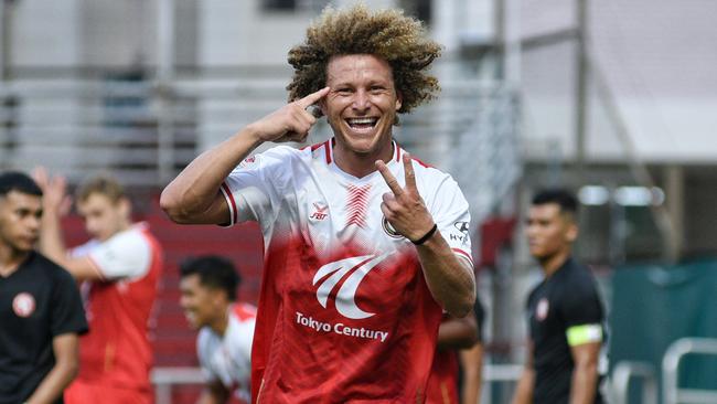 Blake Ricciuto celebrates a goal. Picture: Tanjong Pagar United