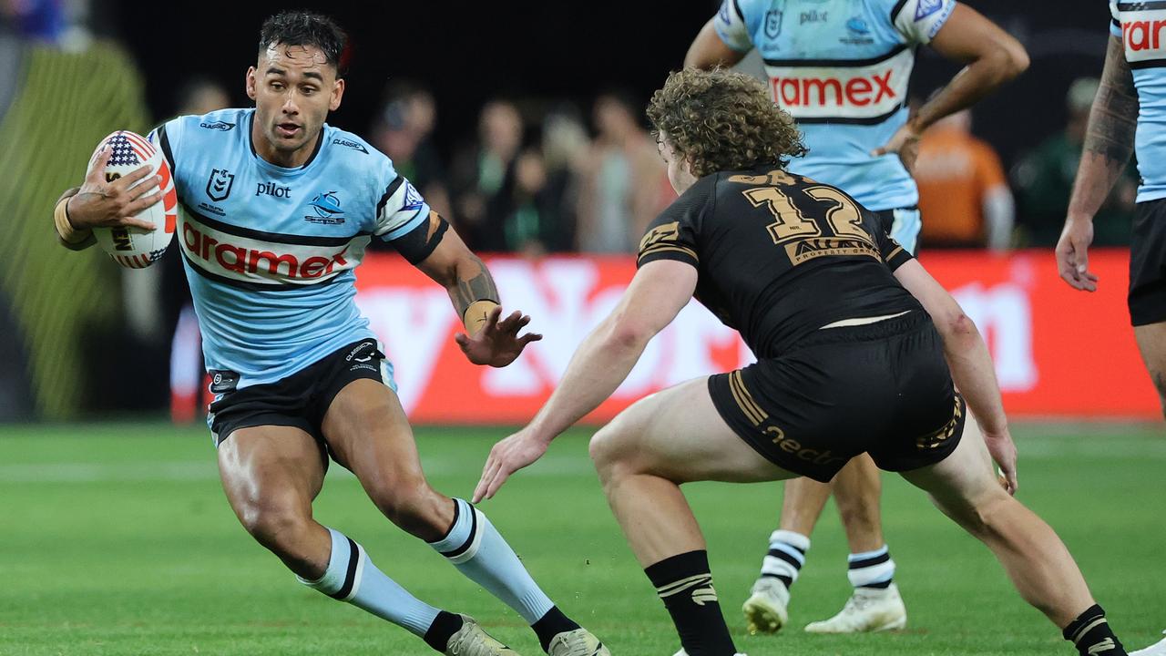 Briton Nikora of the Sharks is tackled during the round one NRL match between the Penrith Panthers and the Cronulla Sharks at Allegiant Stadium on March 01, 2025, in Las Vegas, Nevada. (Photo by Ethan Miller/Getty Images)