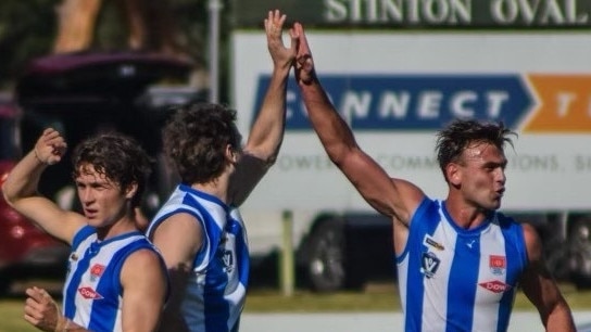Ayden Gras and Jordan Keras celebrate a goal for the Roos. Picture: Anglesea Football Club.