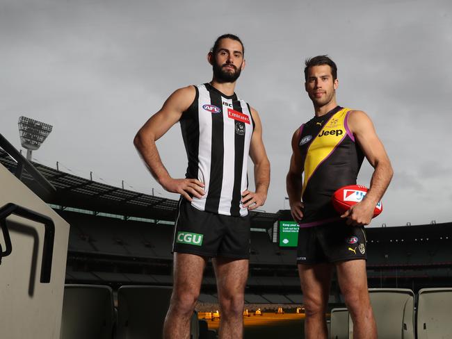 Collingwood's Brodie Grundy and Richmond's Alex Rance at the MCG before their match on Saturday. Picture: Alex Coppel