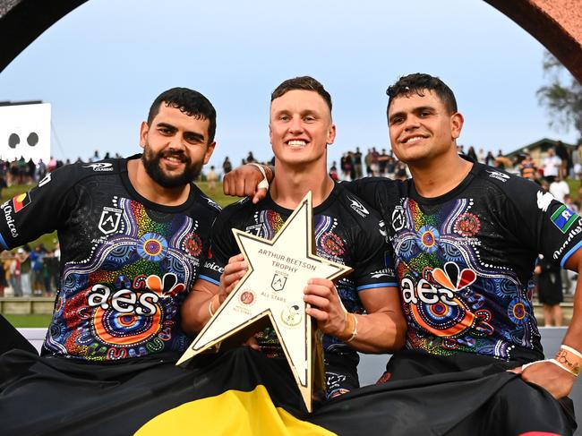 Shaquai Mitchell, Jack Wighton and Latrell Mitchell of the Indigenous All Stars.