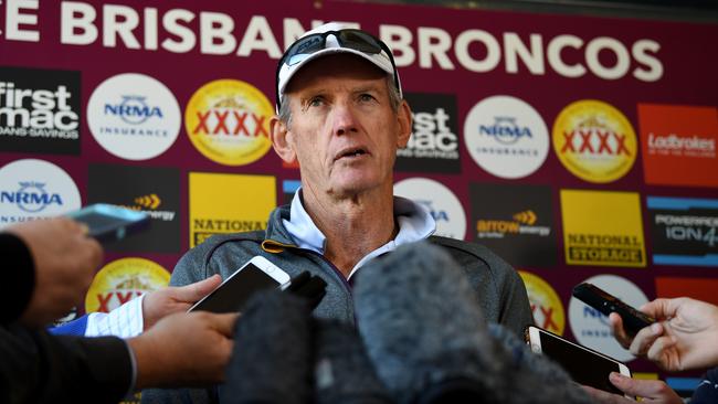 Broncos coach Wayne Bennett addresses the media.