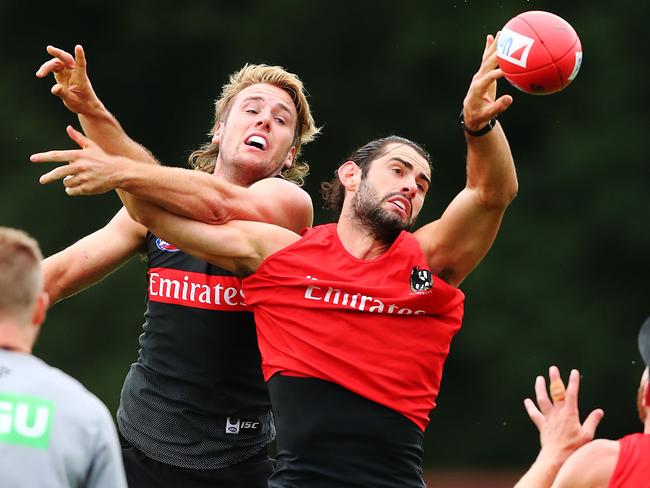 MELBOURNE, AUSTRALIA - FEBRUARY 18: Brodie Grundy of the Magpies competes for the ball during a Collingwood Magpies AFL training session at the Holden Centre on February 18, 2019 in Melbourne, Australia. (Photo by Michael Dodge/Getty Images)