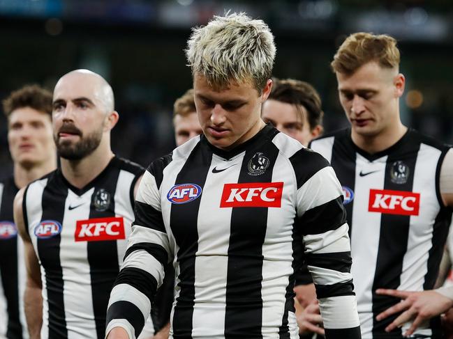 MELBOURNE, AUSTRALIA - SEPTEMBER 03: Jack Ginnivan of the Magpies looks dejected after a loss during the 2022 AFL First Qualifying Final match between the Geelong Cats and the Collingwood Magpies at the Melbourne Cricket Ground on September 3, 2022 in Melbourne, Australia. (Photo by Dylan Burns/AFL Photos via Getty Images)