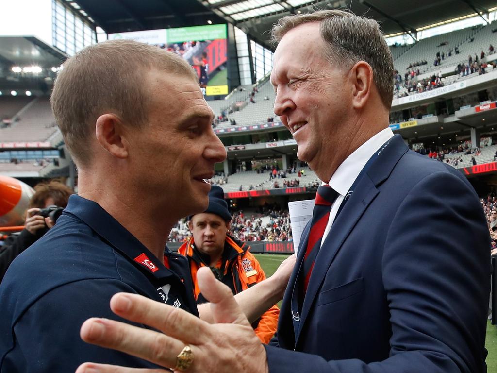 Simon Goodwin and Glen Bartlett in 2017. Picture: Michael Willson/AFL Media