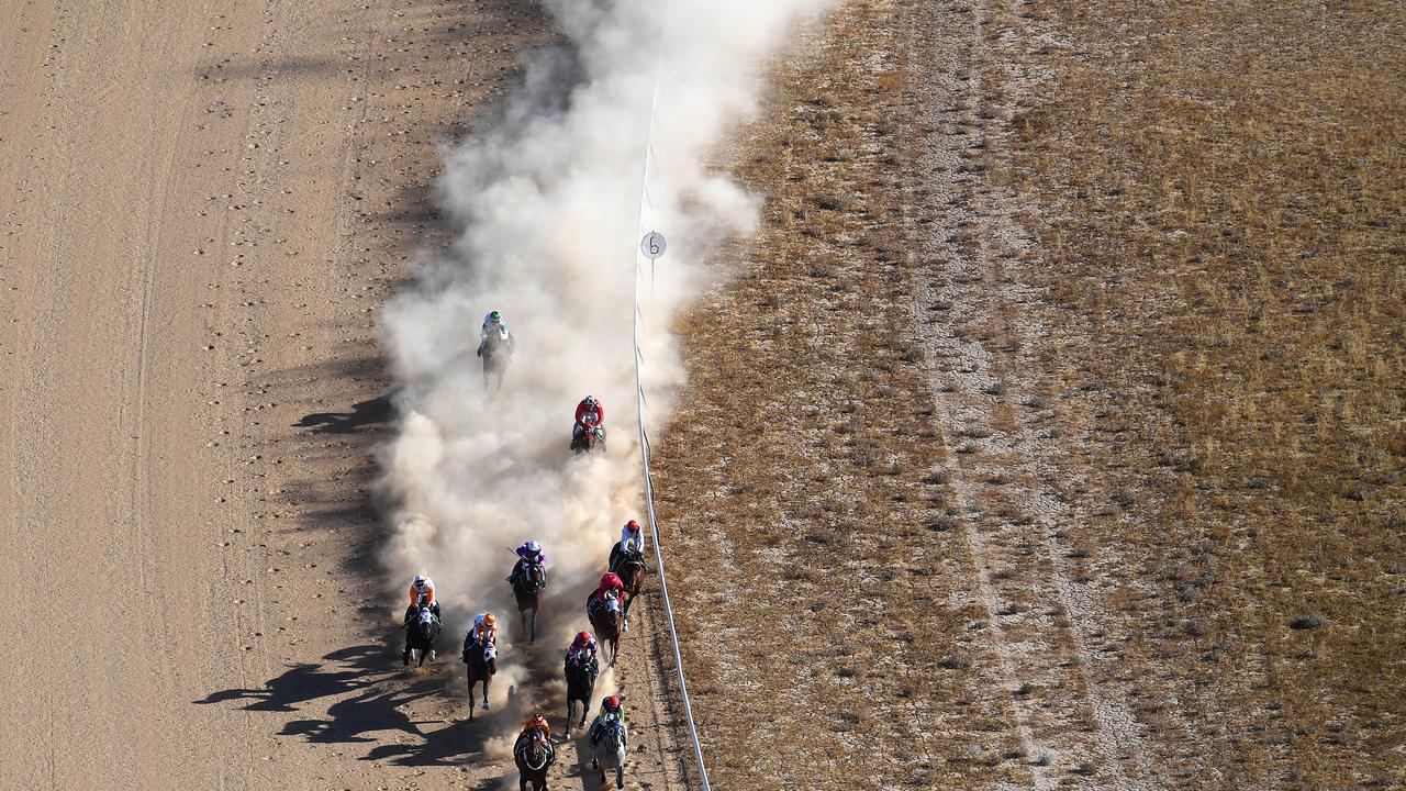 An aerial view of the field during race 6, the Road Tech Marine Open Handicap, at the Birdsville Races on Friday, Picture: AAP Image/Dan Peled