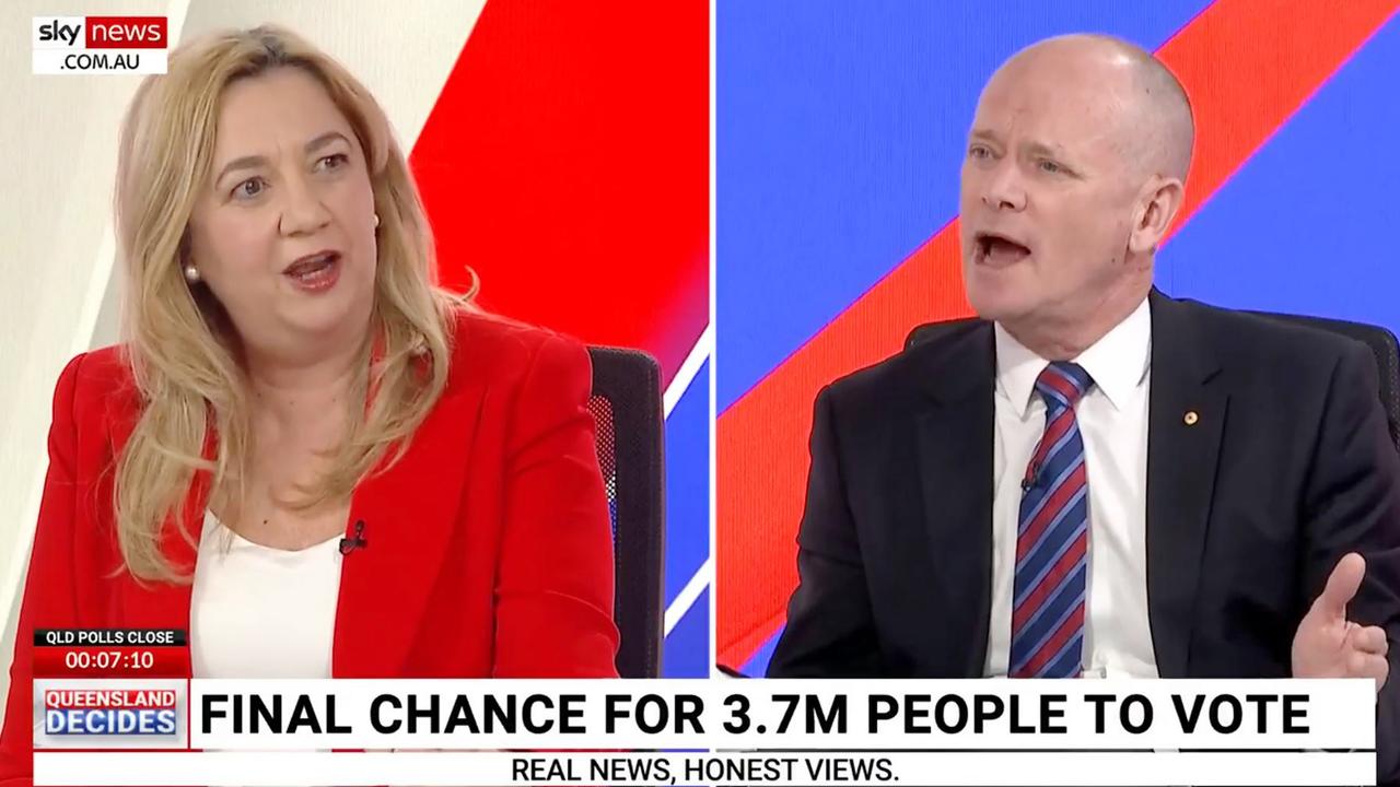 Former Queensland premiers Annastacia Palaszczuk and Campbell Newman on the panel of Sky News for the 2024 Queensland State Election. Picture: Sky News