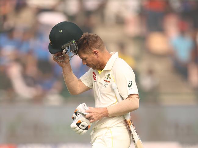 DELHI, INDIA - FEBRUARY 17: David Warner of Australia walks off after he was dismissed by Mohammed Shami of India during day one of the Second Test match in the series between India and Australia at Arun Jaitley Stadium on February 17, 2023 in Delhi, India. (Photo by Robert Cianflone/Getty Images)