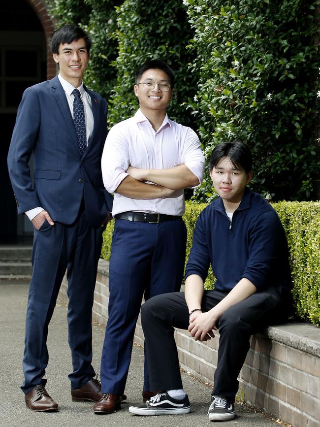 North Sydney Boys High school students Joel Gaynor, Jordan (Khang) Ho and Wilson Thai all received high ATARs in the HSC. North Sydney Boys High School has topped the state in HSC Results and has many students with a 99.95 ATAR. Picture: John Appleyard