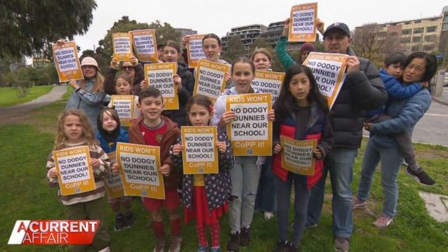 Parents and their children are kicking up a stink over plans for a public toilet outside a Melbourne primary school. Picture: A Current Affair