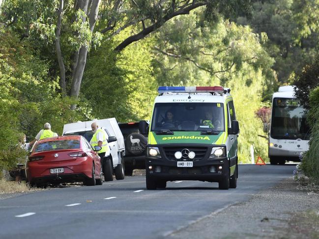 Police and emergency services crews are at the scene of a serious crash involving a motorcyclist at Paracombe, Wednesday, February 3, 2021. (The Advertiser/ Morgan Sette)