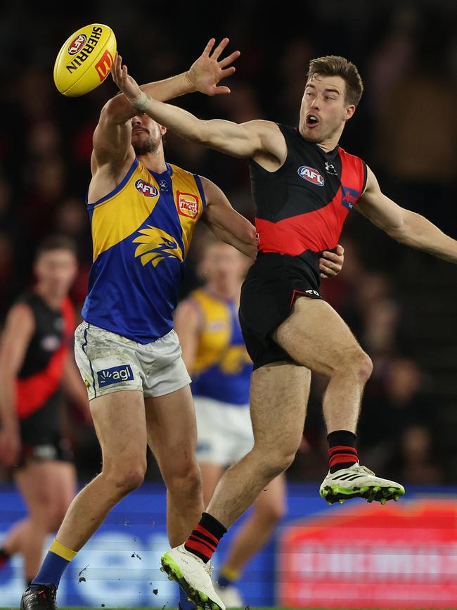 Zach Merrett goes head-to-head with Liam Duggan. Picture: Robert Cianflone/Getty Images