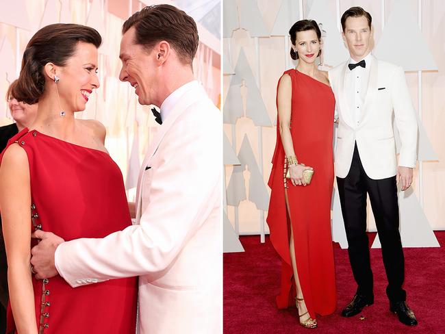 Benedict Cumberbatch and Sophie Hunter at the Oscars 2015 red carpet. Picture: Getty