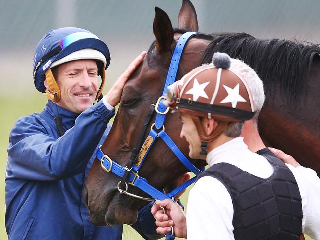 MELBOURNE, AUSTRALIA - OCTOBER 31:  Hugh Bowman with Marmelo during a Werribee trackwork session at Werribee Racecourse on October 31, 2018 in Melbourne, Australia.  (Photo by Michael Dodge/Getty Images)