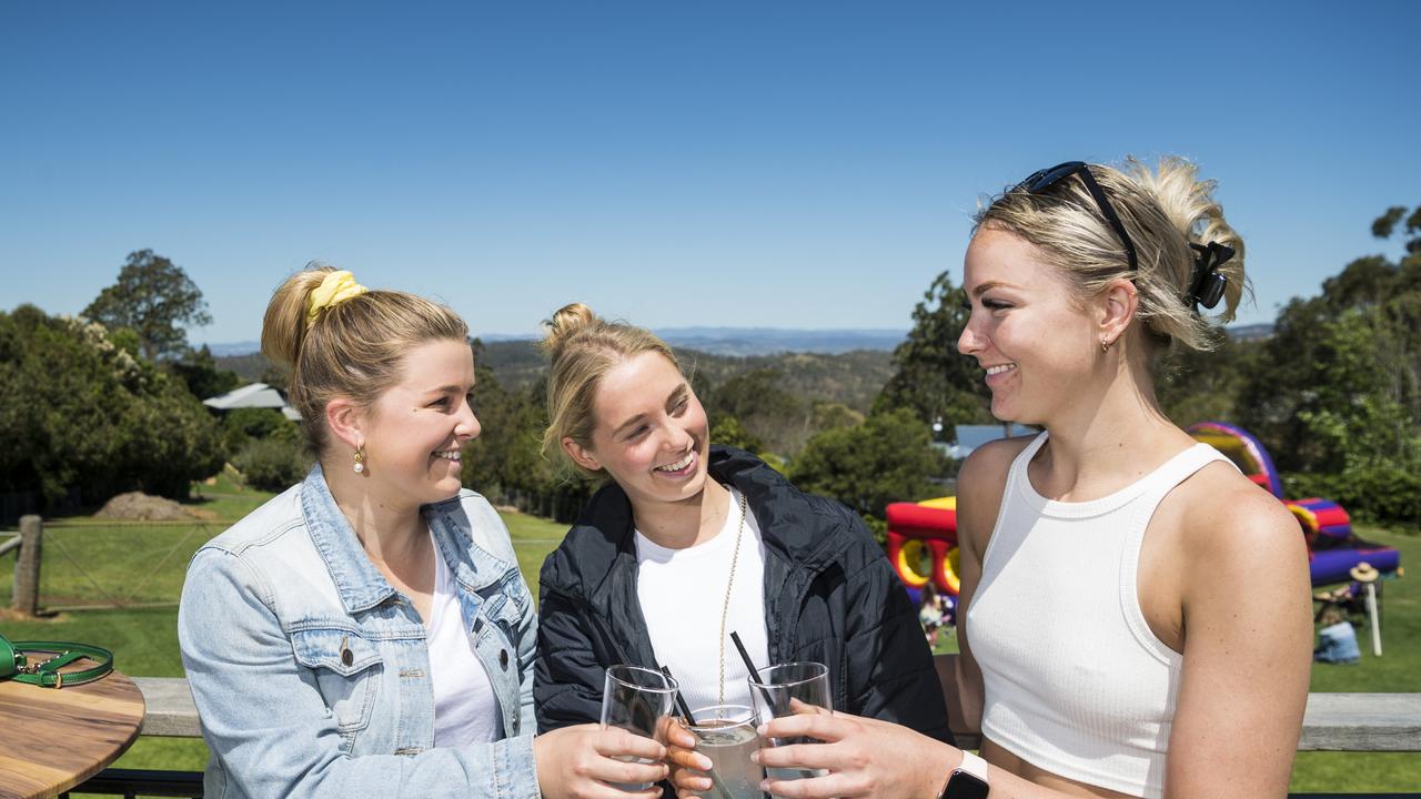 Admiring the view are (from left) Zara Warby, Abbey Granzien and Maggie Marshall on opening weekend at Monty Brewing Co, Saturday, October 16, 2021. Picture: Kevin Farmer