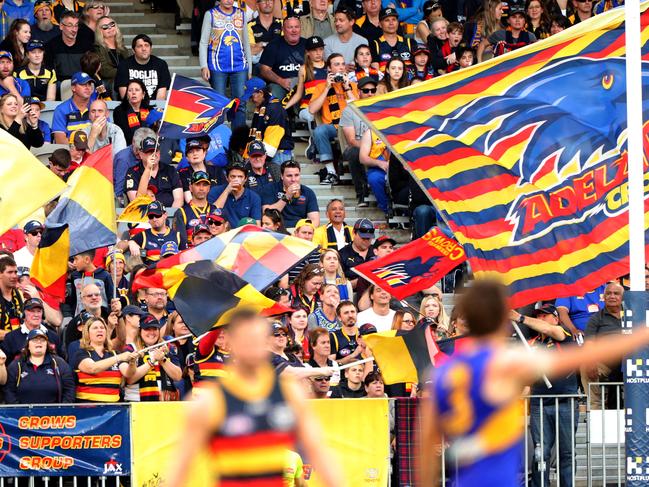 Crows fans are seen during the Round 21 AFL match between West Coast and Adelaide at Optus Stadium on August 11, 2019. Picture: AAP IMAGE/RICHARD WAINWRIGHT