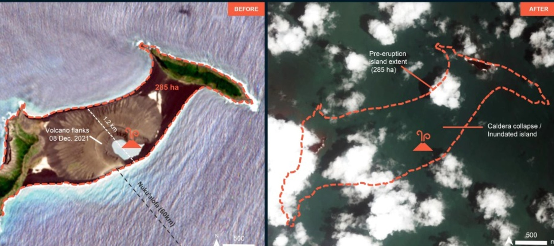 An image taken on December 8, compared to one taken on January 16, shows the damage caused by the eruption