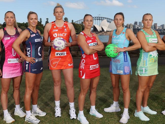 SYDNEY, AUSTRALIA - MARCH 21: (L-R) Kim Ravaillion of Queensland Firebirds, Hannah Petty of Adelaide Thunderbirds, Kate Moloney of Melbourne Vixens, Jo Harten of GIANTS Netball, Paige Hadley of NSW Swifts, Amy Parmenter of Melbourne Mavericks, Jess Anstiss of West Coast Fever and Steph Fretwell of Sunshine Coast Lightning pose during Fox Sports launch of the Super Netball Team Girls Cup at Royal Botanical Gardens Harbour Lawn on March 21, 2024 in Sydney, Australia. (Photo by Mark Metcalfe/Getty Images for Fox Sports)