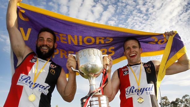 Goulburn Valley FL, Grand Final, Benalla Saints V Kyabram Bombers, Deakin Reserve, Shepparton, the winners, James Martiniello, 11, captain & Luke Morgan, 22, coach, Benalla Saints, Picture Yuri Kouzmin