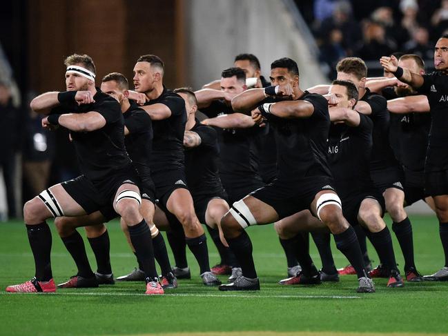 (FILES) This file photo taken on June 18, 2016 shows New Zealand performing the "haka" ahead of the rugby Test match between the New Zealand All Blacks and Wales in Wellington. / AFP PHOTO / Marty Melville