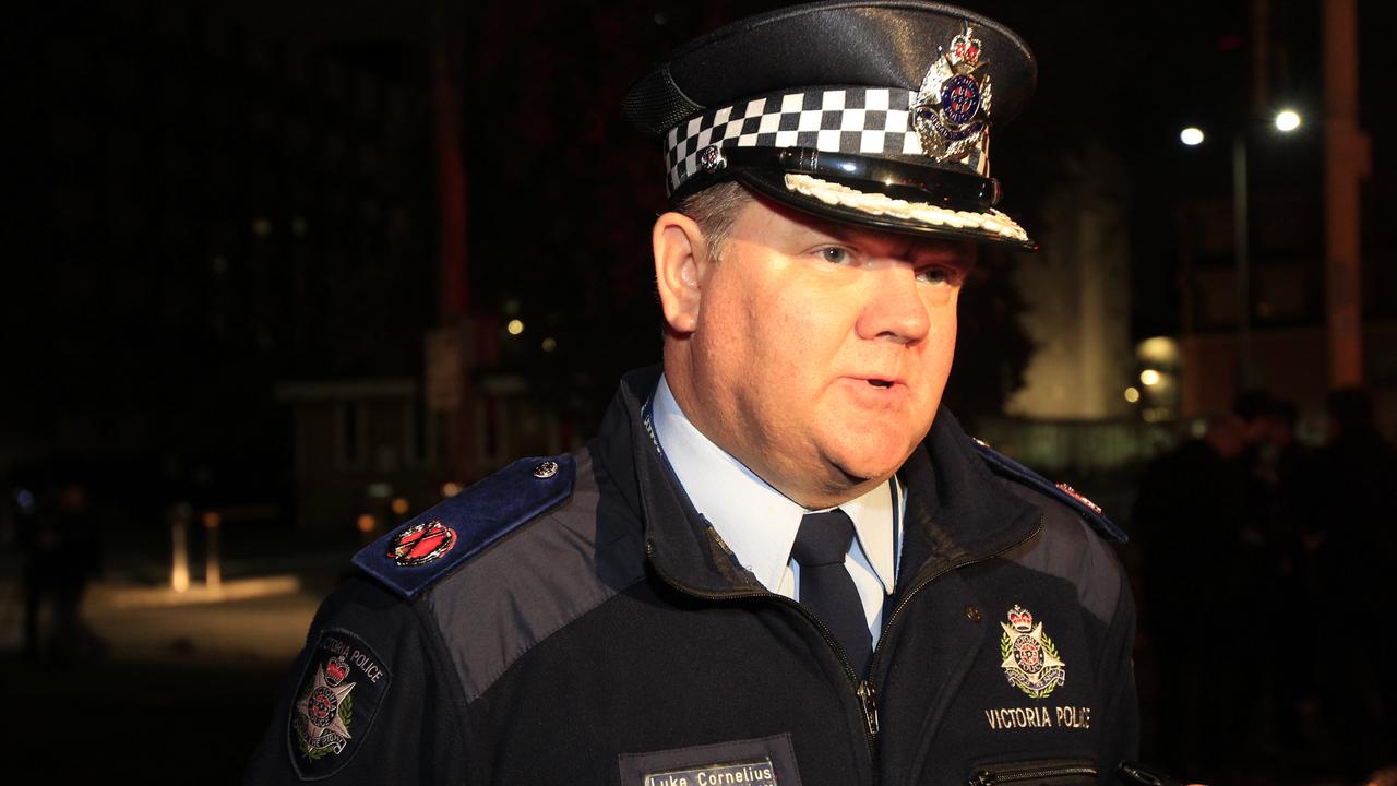 Assistant Commissioner Luke Cornelius speak to media after a shooting in St Kilda in 2013.